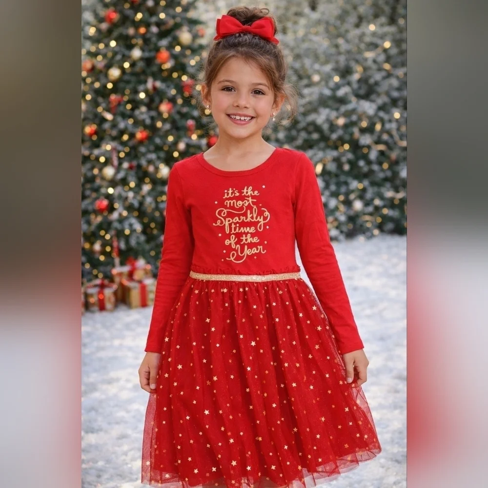 Cat & Jack Girls Red Christmas Holiday 'Tis The Season' Dress, size 6/6x